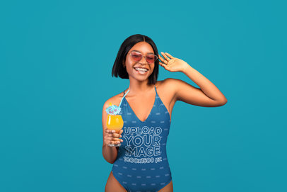 Summer-Themed Mockup Featuring a Woman with Sunglasses Wearing a Swimsuit