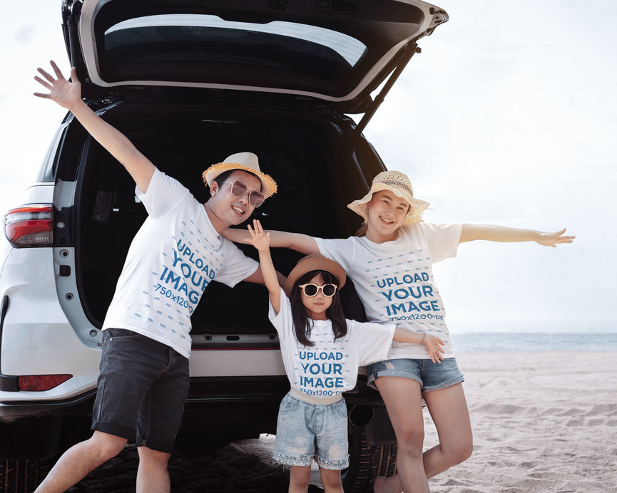 Round-Neck T-Shirt Mockup of a Smiling Family Posing in Van by the Beach