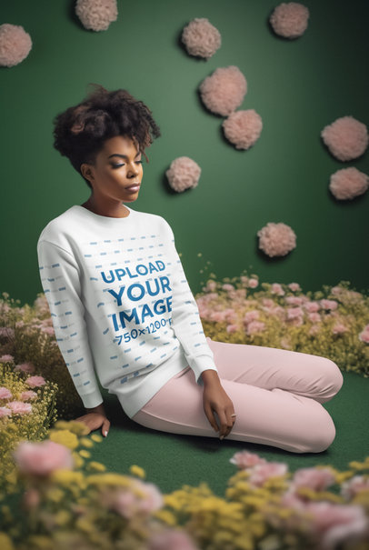 Sweatshirt Mockup Featuring an AI-Generated Woman Surrounded by Pink Flowers