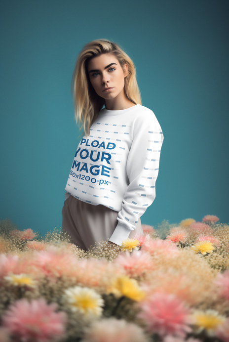 AI-Created Mockup of a Woman Wearing a Crewneck Sweatshirt in a Studio with Flowers