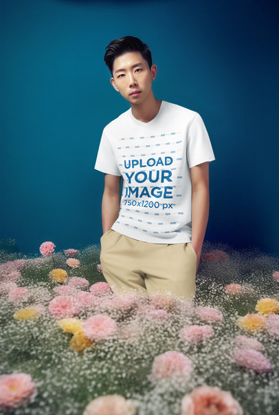 AI-Generated Mockup of a Man Posing in a Studio Decorated with Flowers