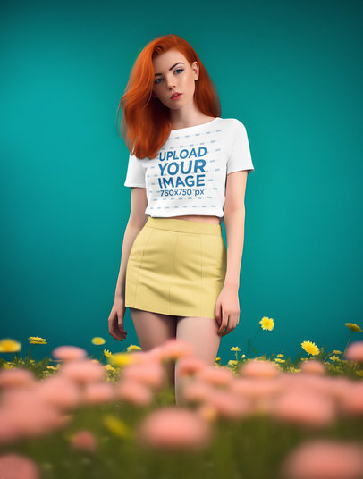 Crop Top Mockup of an AI-Generated Woman Posing in a Studio with Colorful Flowers