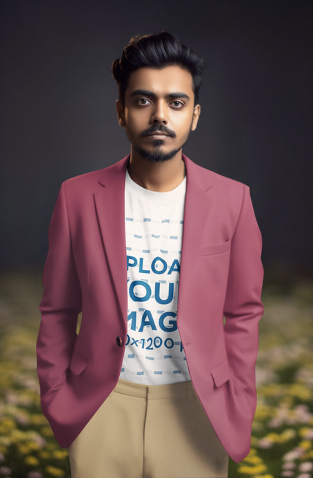 T-Shirt Mockup of an AI-Generated Man Wearing a Casual Suit in a Setting with Flowers