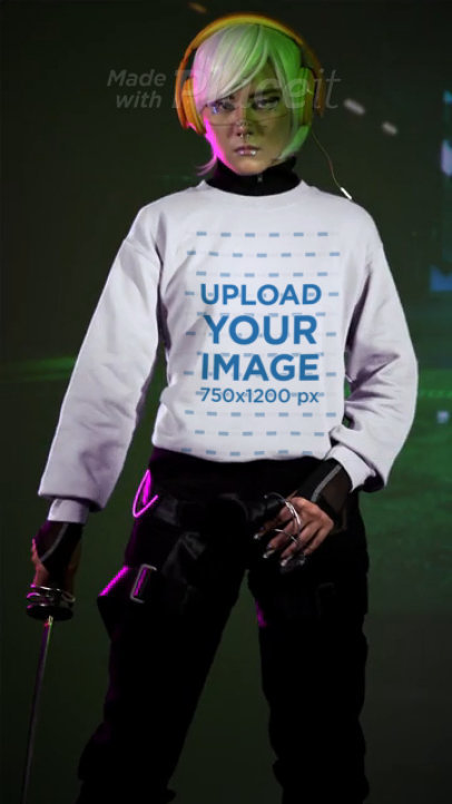 Gildan Sweatshirt Video of a Woman With a Cyberpunk-Themed Outfit