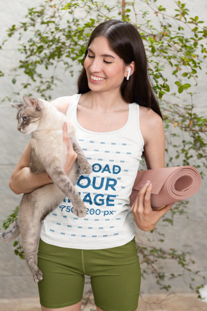 Bella Canvas Tank Top Mockup of a Smiling Woman Holding Her Cat
