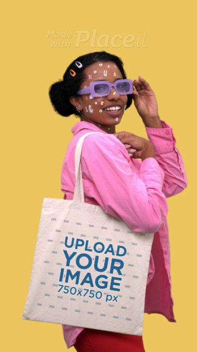 Tote Bag Video Featuring a Woman with Colorful Skin Stickers 