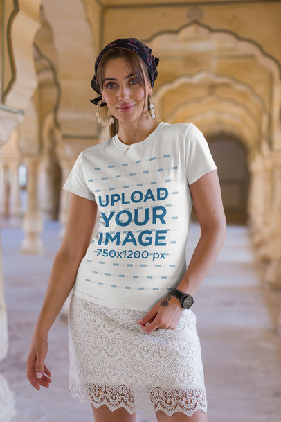 Gildan T-Shirt Mockup of a Woman Posing Inside an Ancient Temple