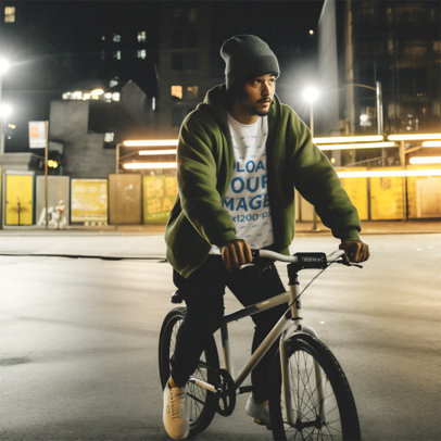 Crewneck Tee Mockup of an AI-Generated Man Riding a Bike on the Street m34914