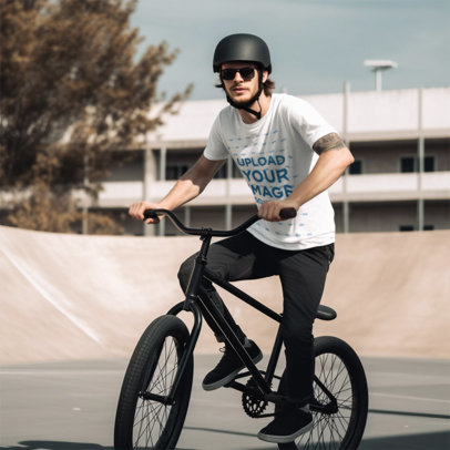 AI-Created Mockup of a Tattooed Biker Wearing a Round-Neck T-Shirt