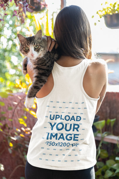 Back-View Bella Canvas Tank Top Mockup Featuring a Woman Carrying a Cat