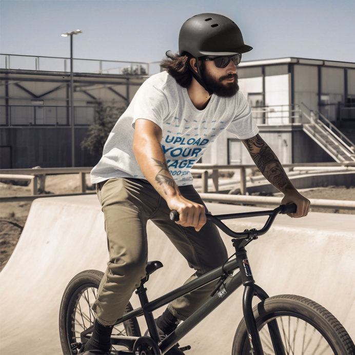 Heathered T-Shirt Mockup Featuring an AI-Generated Tattooed Man Riding a Bike