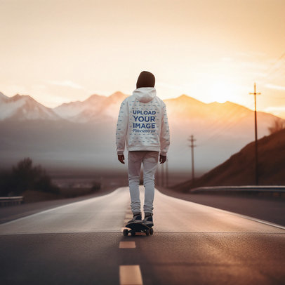 Back-View Hoodie Mockup of an AI-Created Man Skating on a Highway
