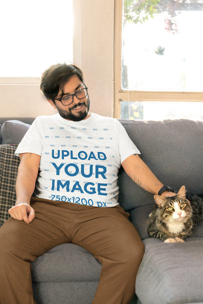 Crewneck Bella Canvas Tee Mockup of a Bearded Man with Glasses Petting His Cat