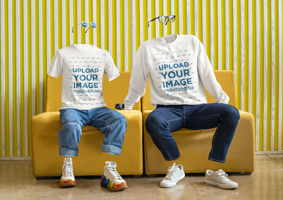 Ghosted T-Shirt and Sweatshirt Mockup Featuring Two Models with Glasses