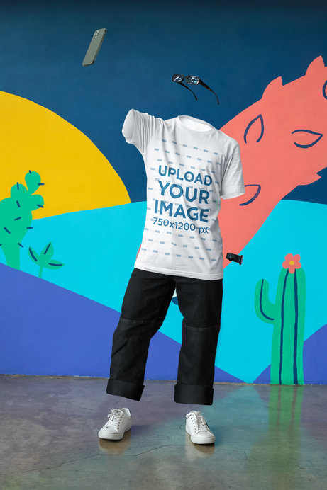 T-Shirt Mockup of a Ghosted Model Taking a Selfie with His Smartphone