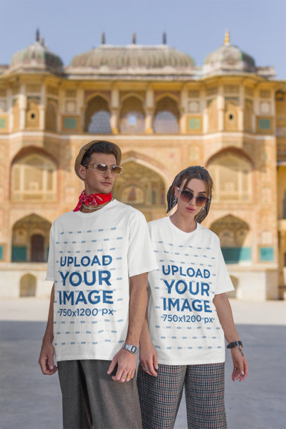 Travel-Themed Mockup of a Man and Woman Wearing Round-Neck T-Shirts