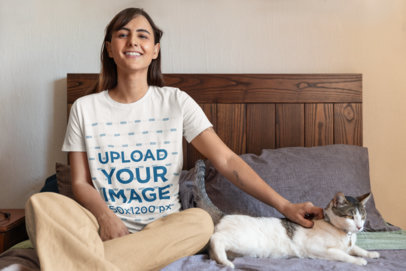 Bella Canvas T-Shirt Mockup Featuring a Happy Woman Petting a Cat