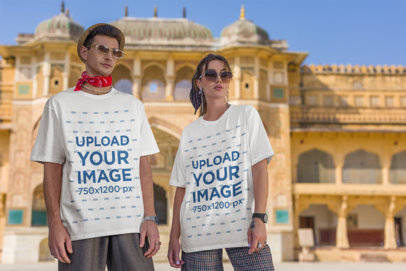 Round-Neck T-Shirt Mockup Featuring a Man and Woman Posing Against a Historical Building