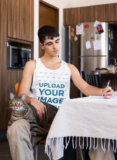 Bella Canvas Tank Top Mockup Featuring a Man With a Cat on His Lap