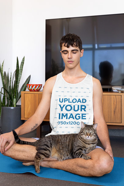 Bella Canvas Tank Top Mockup of a Man Practicing Yoga Featuring a Cute Cat