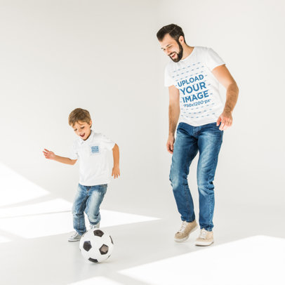 T-Shirt and Polo Shirt Mockup Featuring a Dad Playing Soccer with His Son