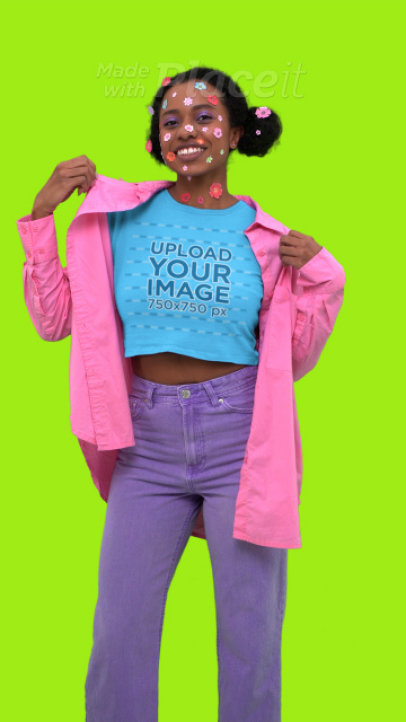 Bella Canvas Crop Top Video of a Cheerful Woman With Flower Stickers