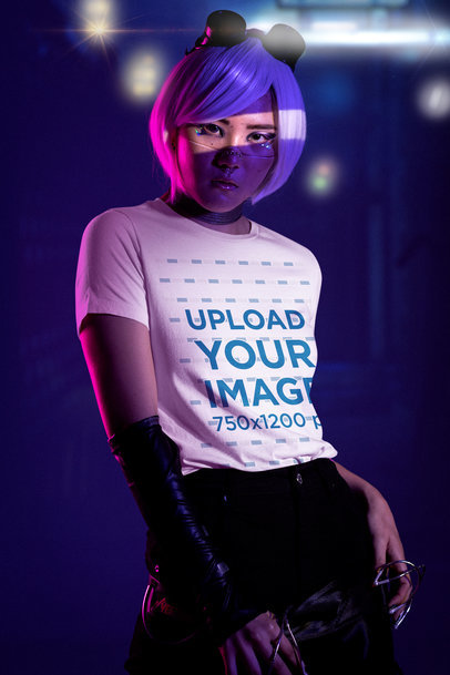 Bella Canvas T-Shirt Mockup Featuring a Woman Posing With a Cyberpunk-Themed Outfit