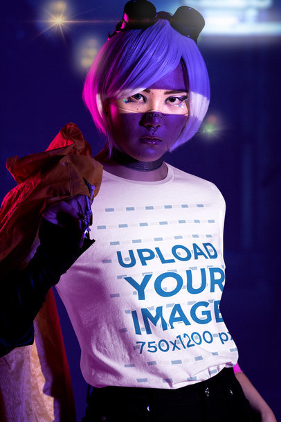Bella Canvas T-Shirt Mockup of a Serious Woman in a Cyberpunk-Themed Setting