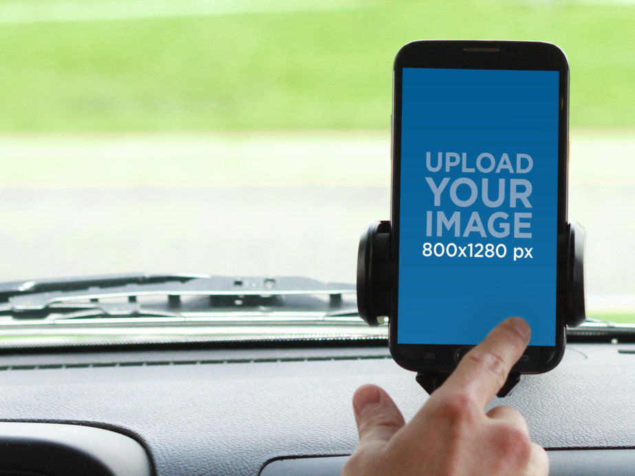 Mockup of a Samsung Galaxy Note Placed on a Car Featuring a Person's Hand