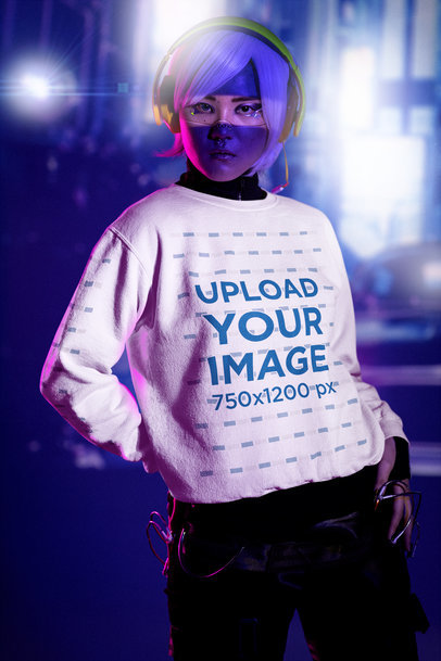 Futuristic Mockup of a Woman in an Outfit Inspired by Cyberpunk Wearing a Sweatshirt  m32258