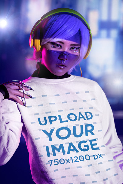 Gildan Sweatshirt Mockup of a Woman with Headphones in a Cyberpunk-Inspired Outfit m32259