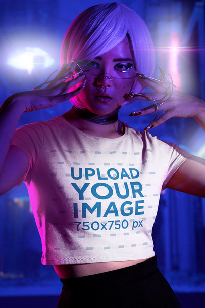 Bella Canvas Crop Top Mockup of a Woman in a Futuristic Outfit Inspired by Cyberpunk