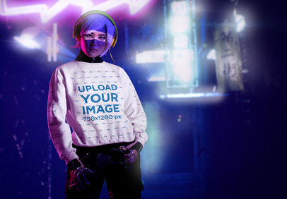 Cyberpunk 2077-Inspired Mockup of a Woman Wearing a Sweatshirt  m32260