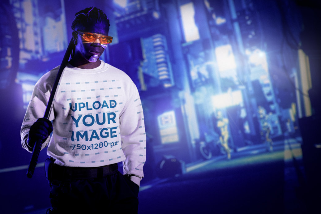 Sweatshirt Mockup of a Man in a Futuristic Outfit Inspired by Cyberpunk 2077