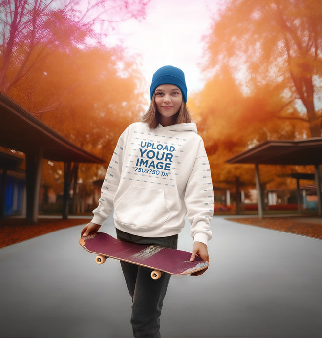 AI-Generated Mockup of a Smiling Woman Holding a Skateboard