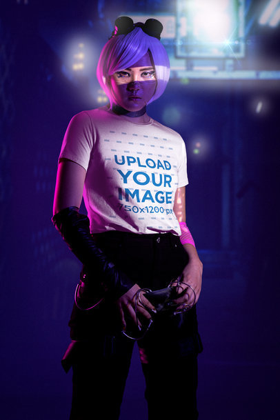 Bella Canvas T-Shirt Mockup Featuring a Woman in a Cyberpunk-Decorated Setting m32241
