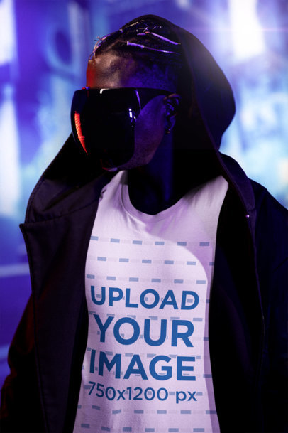 Bella Canvas T-Shirt Mockup Featuring a Man Posing in a Cyberpunk Setting
