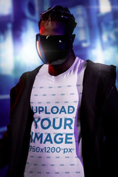 Bella Canvas Tee Mockup Featuring a Man with a Cyberpunk-Inspired Futuristic Mask  m32254
