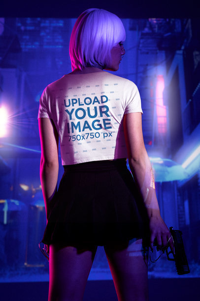 Back-View Crop Top Mockup of a Woman Featuring a Cyberpunk Theme