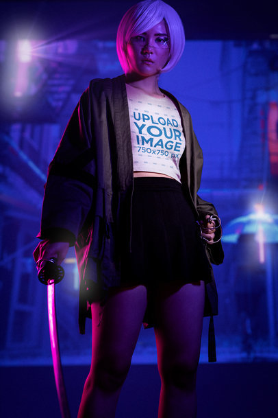 Mockup of a Woman in a Cyberpunk-Inspired Outfit Wearing a Bella Canvas Crop Top m32235