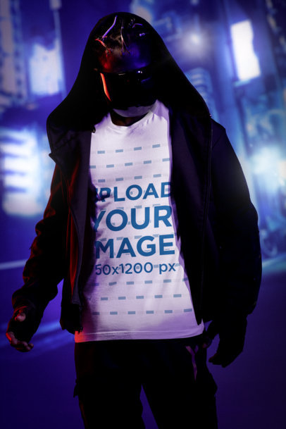 Bella Canvas T-Shirt Mockup of a Man in a Cyberpunk-Themed Setting