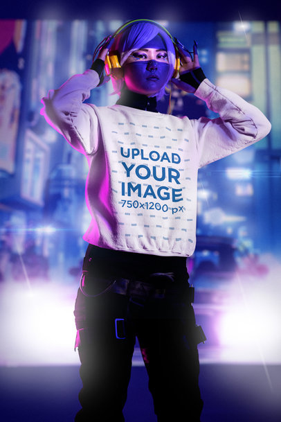 Sweatshirt Mockup Featuring a Woman in a Cyberpunk-Themed Setting m32257