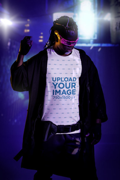 Cyberpunk-Inspired Mockup of a Man Wearing a Bella Canvas Tee  m32249