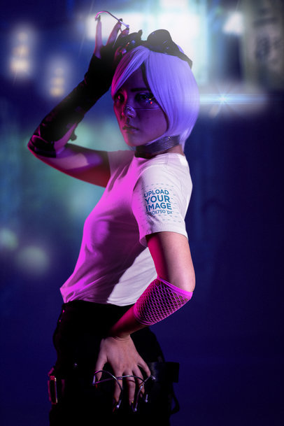 Bella Canvas Tee Mockup of a Woman in a Cyberpunk-Inspired Outfit