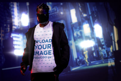 Cyberpunk Mockup Featuring a Man With a Mask Wearing a Bella Canvas T-Shirt