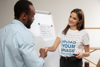 T-Shirt Mockup Featuring a Woman Shaking Hands with Her Coworker m31865 r-el2