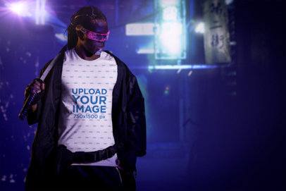 Bella Canvas T-Shirt Mockup Featuring a Man and a Cyberpunk Aesthetic