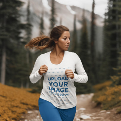 Long Sleeve Tee Mockup of an AI-Generated Woman Jogging on a Forest