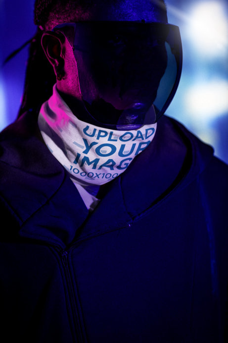 Neck Gaiter Mockup Featuring a Man in a Cyberpunk-Themed Studio Setting