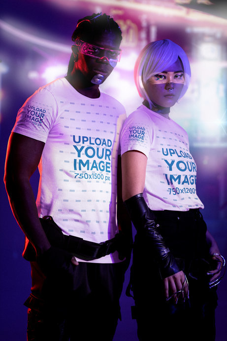 Bella Canvas Tee Mockup Featuring a Couple Wearing Cyberpunk-Inspired Outfits